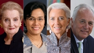 2016 Albright Institute Public Dialogue: “Addressing Global Inequality” 四个小组的照片包括马德莱娜·奥尔布赖特的59岁的英德拉瓦蒂,克里斯蒂娜•拉加德(Christine Lagarde)和马克·布朗