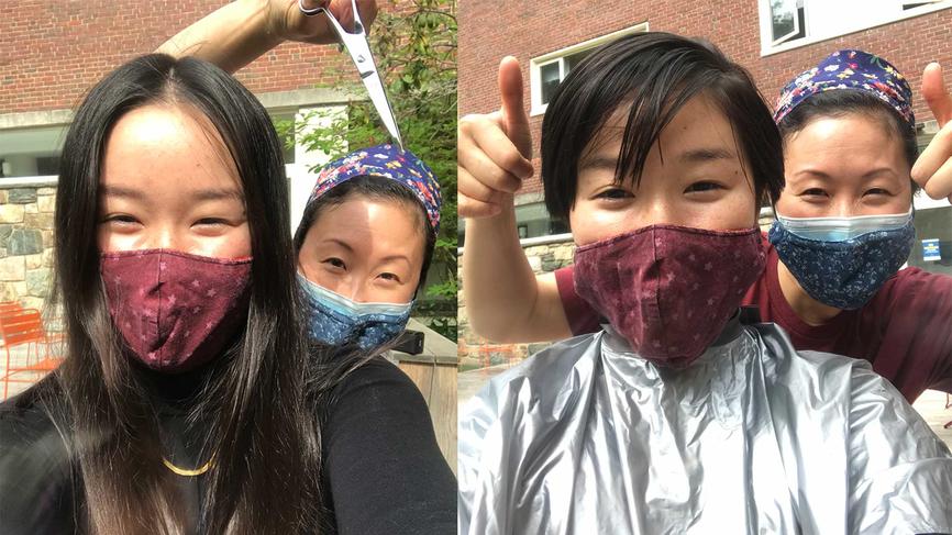 Raine Higa ' 23在住宅生活总监Helen Wang理发之前和之后。
