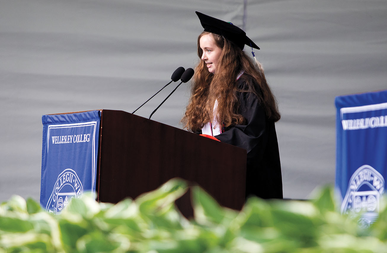 An acknowledgment that Wellesley is built on the ancestral and unceded lands of Indigenous people was offered by Kimimilasha “Kisha” James ’21, an enrolled member of the Wampanoag Tribe of Gay Head (Aquinnah) and Oglala Lakota.