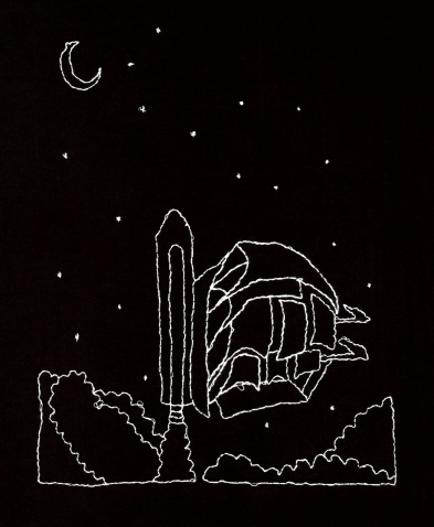 White embroidery on black cloth of a two-masted ship attached to an external tank and solid rocket boosters