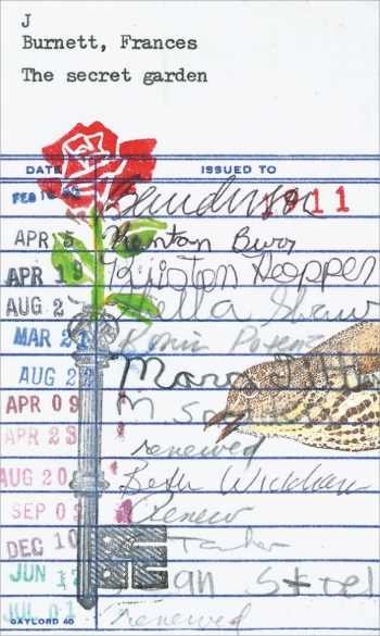 A piece of art by Barbara Page '66 is a pictogram depicting a rose and a bird on 3-by-5-inch library checkout card for the book 