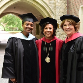 A photo of Commencement speaker Tracy K. Smith, poet laureate of the United States; Wellesley president Paula Johnson; and Laura Daignault Gates '72, chair of the Board of Trustees.