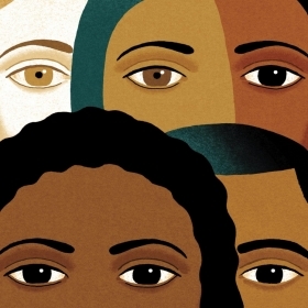 Abstract collage-like illustration made of young faces with different skin tones