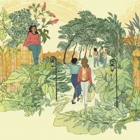 一个插图描绘韦尔斯利学院建筑封闭一个繁荣的花园中亚博永久官网,有几个学生是坐着,散步,在一组。