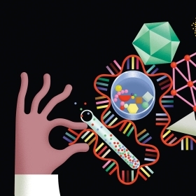 彩色插图，一只手拿着一段RNA，一个培养皿，和一个带小行星环的行星