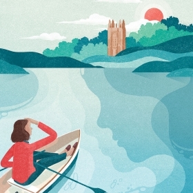 illustration of a woman in a row boat on Lake Waban, looking toward Galen Stone Tower