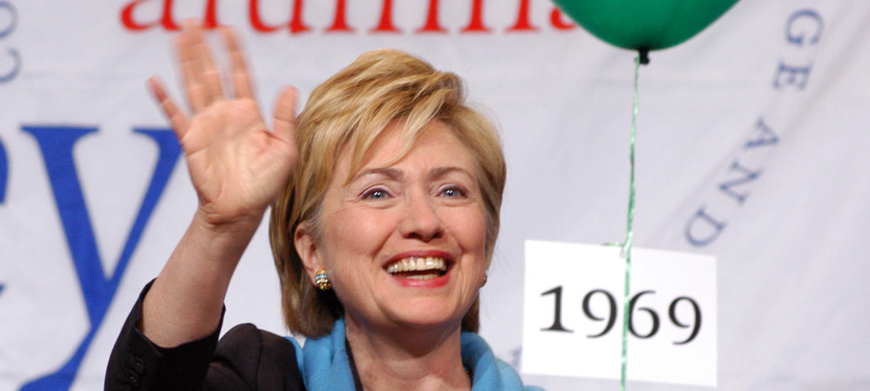 Hillary Rodham Clinton '69 smiling and waving