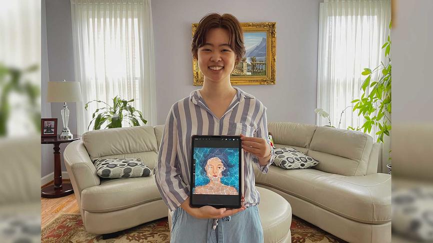 Jenn Duan ' 21拥有她创作的数字肖像。这件作品是为了象征一种情感的混合，从情感的tu