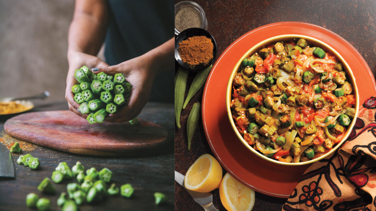 a person holding a bunch of okra next to a pot of Okra Curry