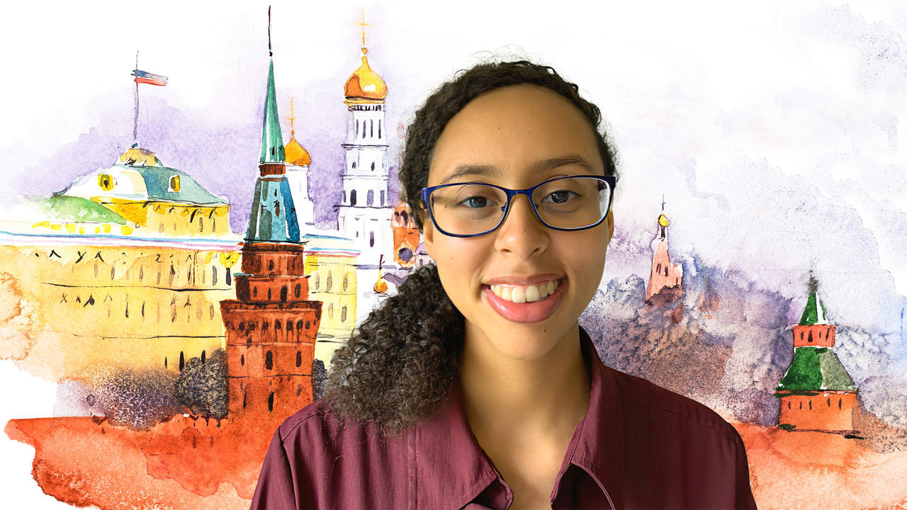 image of Kiana Nedele ’16 against a drawing of moscow