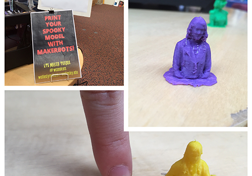 Image collage showing several printed 3D portraits and size comparison with human finger